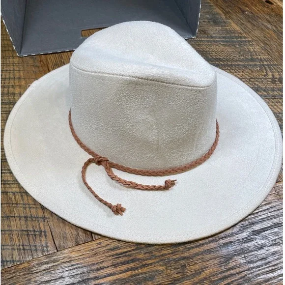 Cream Faux Suede Wide Brim Fedora Hat‎ with Braided Band Cowgirl One Size