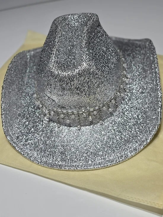 Silver Sequin Cowboy Hat with Pearl Trim - Women Accessories