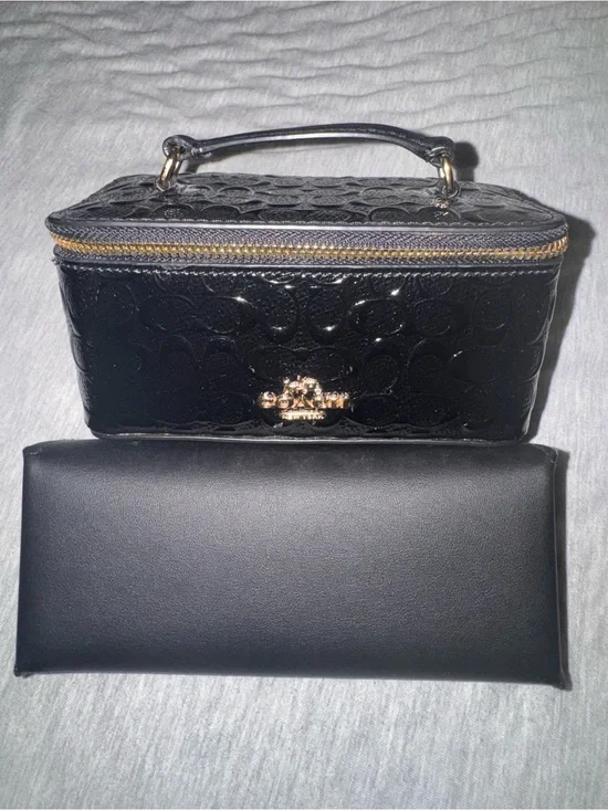 Coach Black Patent Cosmetic Train Case with Gold Hardware