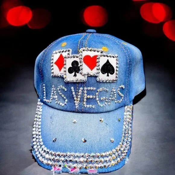 Las Vegas rhinestones poker cards distressed blue cap hat
