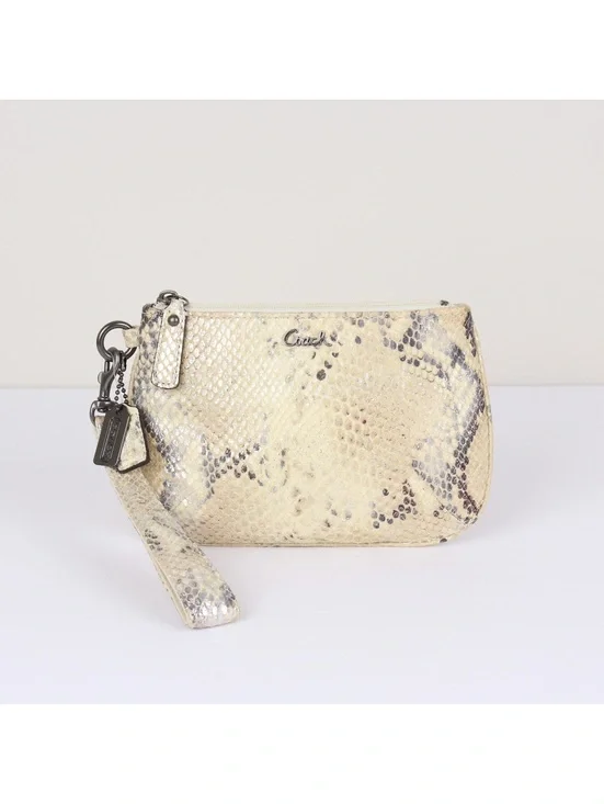 Coach Kristin Ivory Embossed Python Snakeskin Leather Medium Wristlet Clutch