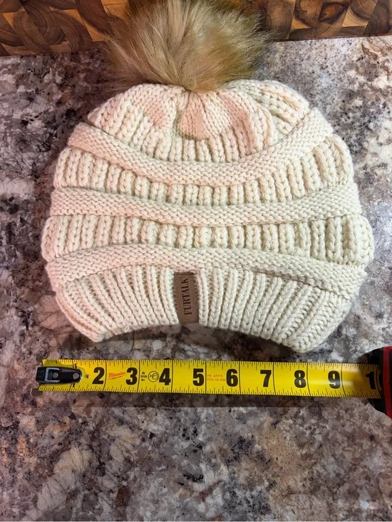 Cream Knit Pom Beanie with Faux Fur Top