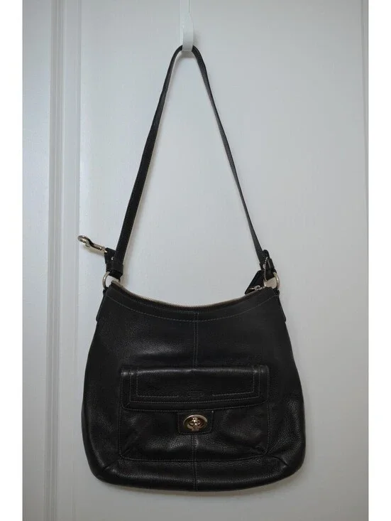 Coach Penelope F19045 Black Pebbled Leather Hobo Shoulder Bag Turnlock