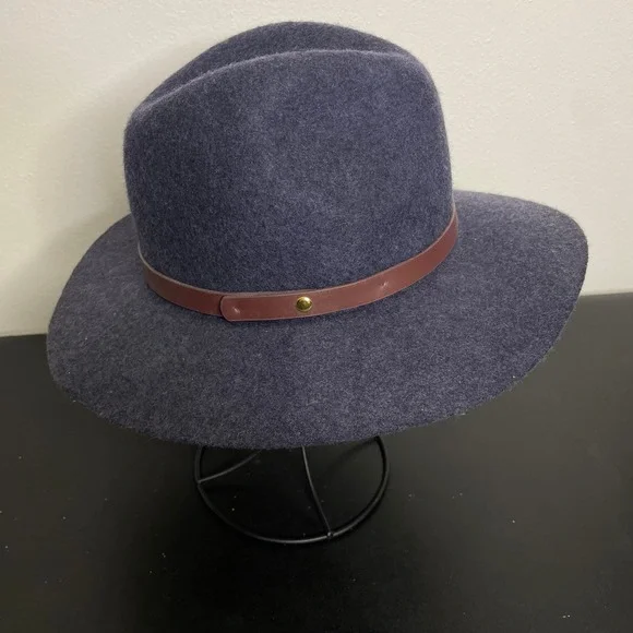 Gap Wool Fedora M/L Tapestry Navy Blue Faux Leather Band Wide Brim Hat Indie