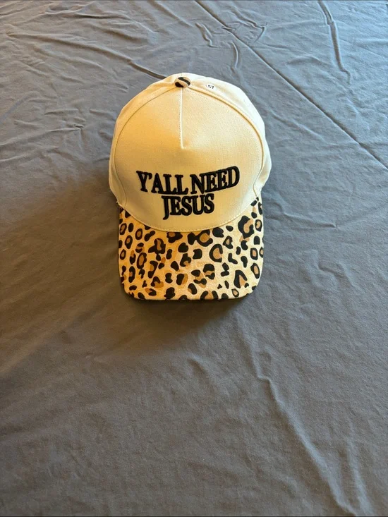 YALL NEED JESUS Cap with Leopard Brim - Cream