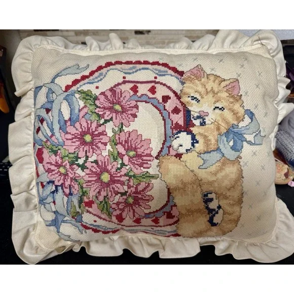 Adorable Vintage Needlepoint Pillow Pink Florals Ruffled Edge Blue Bow