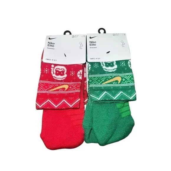 2 Nike ELITE Crew Basketball Socks CHRISTMAS red green santa holidays W6-8