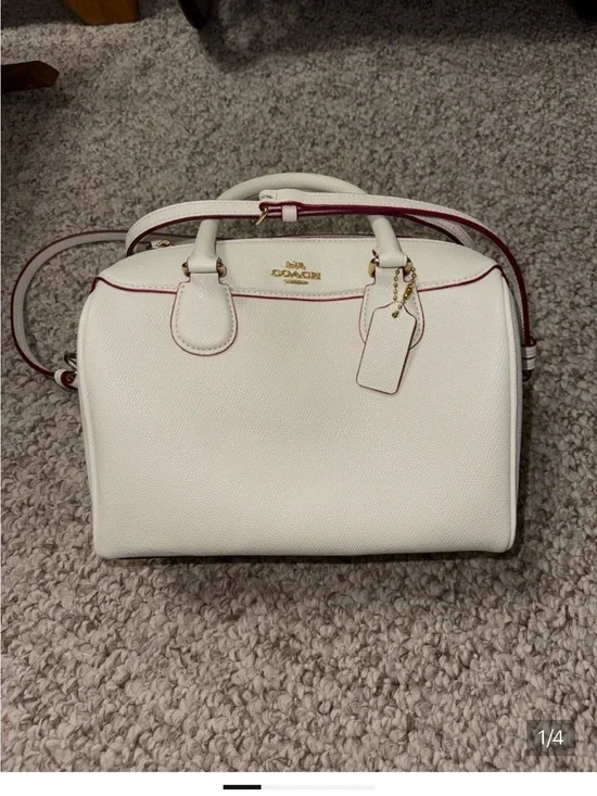Coach Cream Leather Crossbody Satchel with Pink Trim