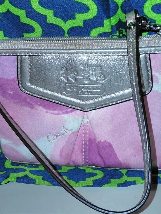 Vintage Coach Madison Pink Watercolor Wristlet Leather Trim Carriage Logo