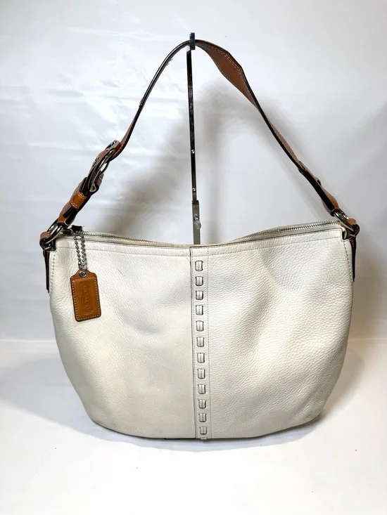 Coach Large White SoHo Leather Woven Hobo Shoulder Bag with Brown Strap