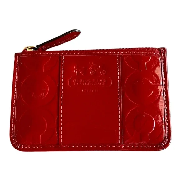 COACH Embossed C Red Patent Leather Gold Key Ring Small Skinny Card Case Top Zip