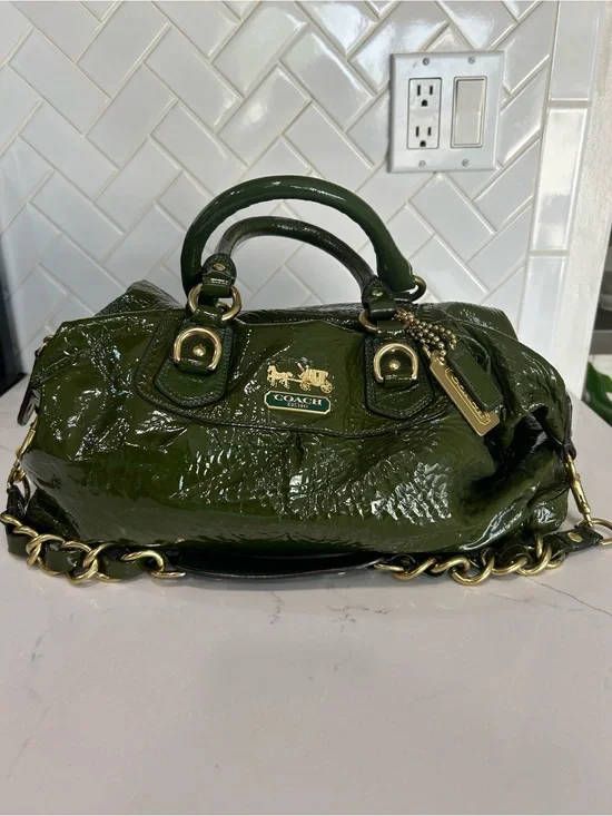 Coach Olive Green Patent Leather Satchel with Chain Strap