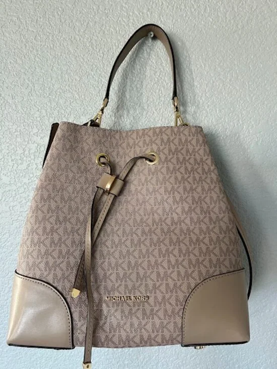 Michael Kors Tan Beige Mercer MK Monogram Logo Bucket Bag Crossbody Purse