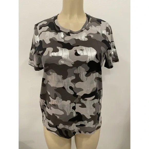 Michael Kors Womens T-Shirt P/S Black Silver Camo Foil‎ Logo Tee Top Street Glam
