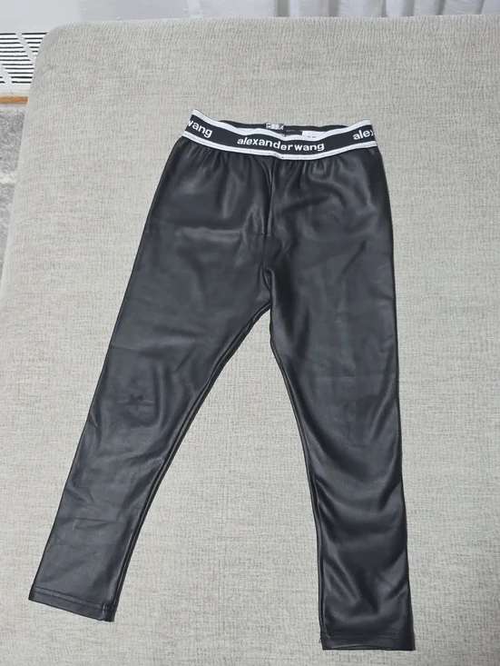 Kids Black Faux Leather Logo Waist Leggings