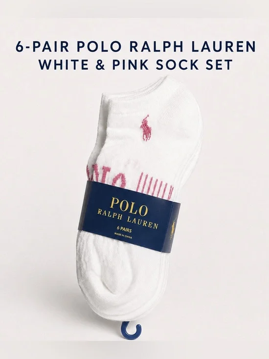 NWT Polo by Ralph Lauren White & Pink No-Show Sock Set Size 4-10