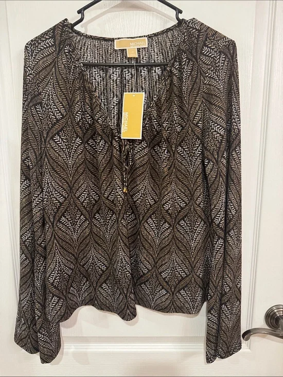 Michael Kors Brown and Black Printed V-Neck Blouse