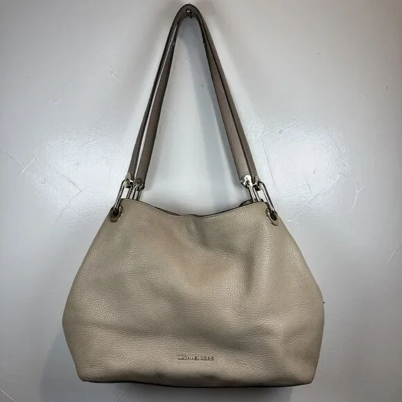 Michael Kors Raven Large Pebbled Leather Shoulder Tote Bag Purse Beige