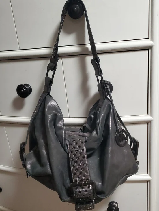 Michael Kors Studded Gray Leather Hobo Shoulder Bag