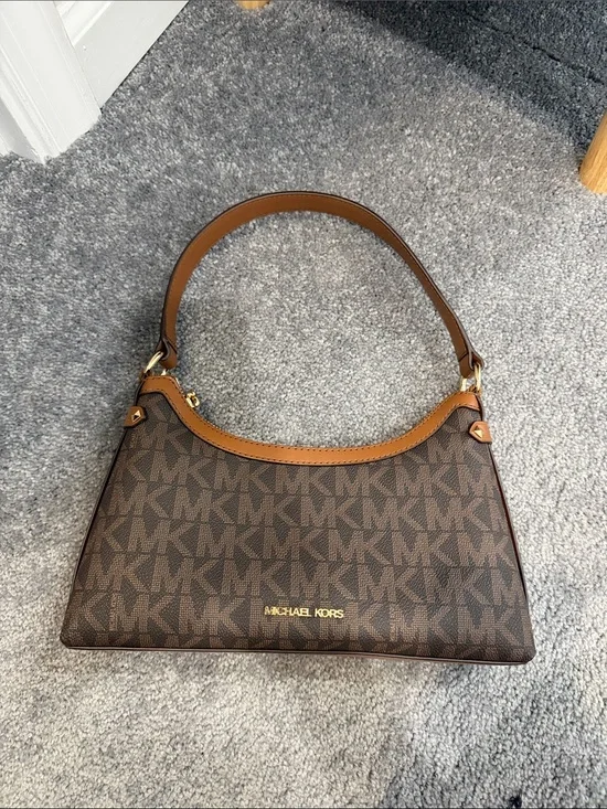 Michael Kors Brown MK Signature Shoulder Bag with Tan Trim