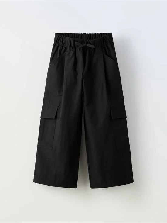 Zara kids technical Black Cargo Wide-Leg Pants - Elastic Waist size 7 years