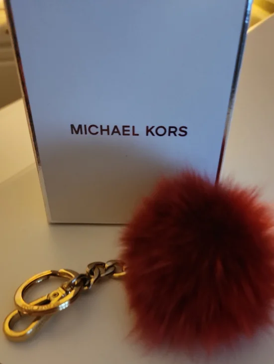 NEW Michael Kors Dark Red Fox Fur Pom Pom Keychain with Gold Hardware
