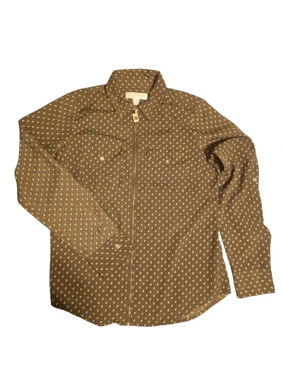 Michael Kors Blouse Zip Front 4 Pockets Women's Olive Browish Print Sz 4