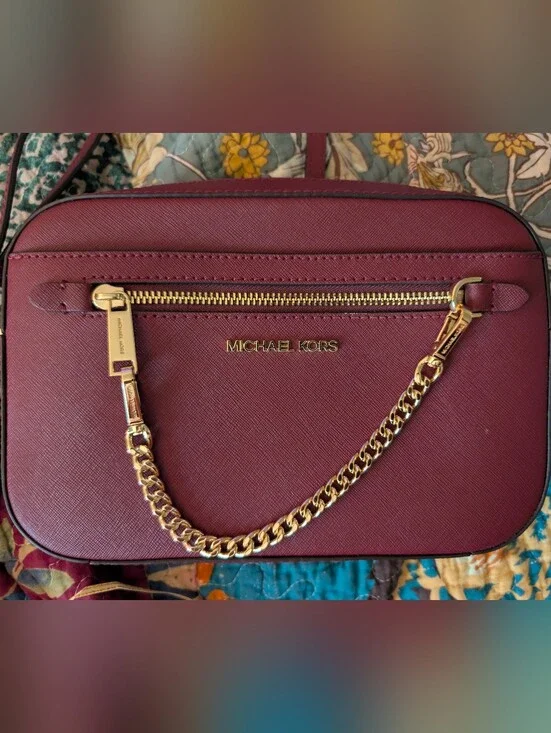 Michael Kors Wine Saffiano Crossbody with Gold Chain