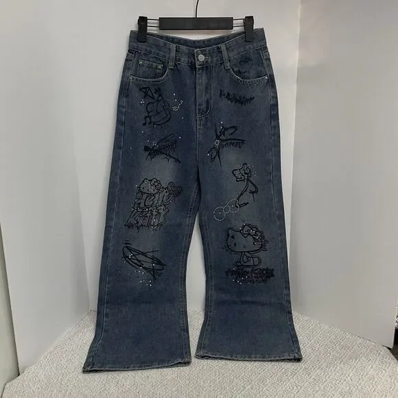 Hello Kitty Girls L Wide Leg Graffiti Art Rhinestone Blue Denim Jeans **READ**