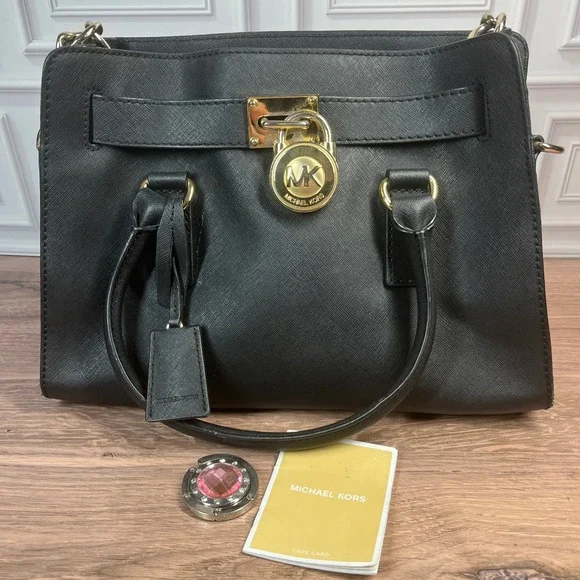 Michael Kors Hamilton Satchel Womens Medium Black Saffiano Leather‎ Gold Padlock