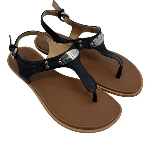 Michael Kors Women's MK Plate Logo Thong Flat Sandal Black Leather Size 6‎