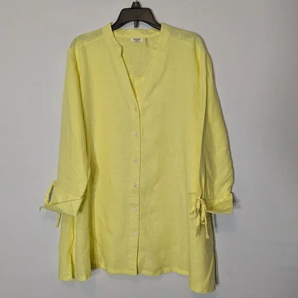 SYMPLE MK Yellow Linen Relax Fit Button Blouse; 3/4 Cuffed Sleeves w Tie; Size M