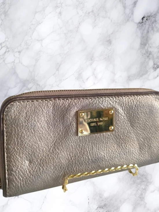 Michael Kors Pewter Metallic Pebbled Leather Large Zip Around Wallet