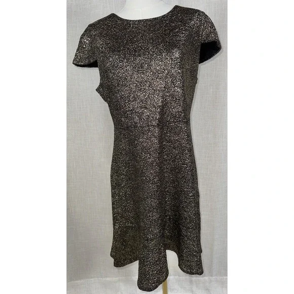 Michael Kors Women's Sz L Black Gold‎ Metallic Short Sleeve Party Sheath Dress