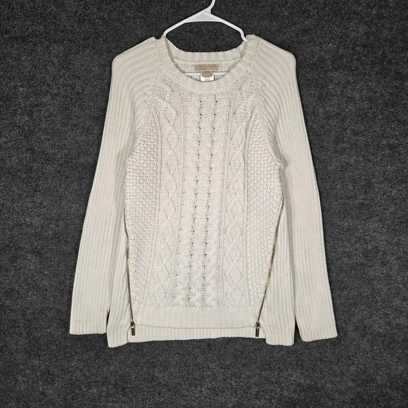 Michael Kors Cable Knit Sweater Women's Large Cream Side Zip Heavy Knit Pullover