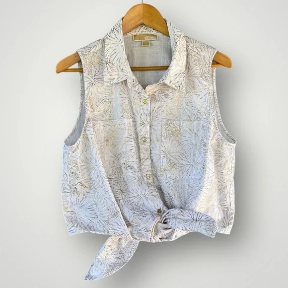 Sleeveless Tie-Front Floral Button-Up Top - White/Cream