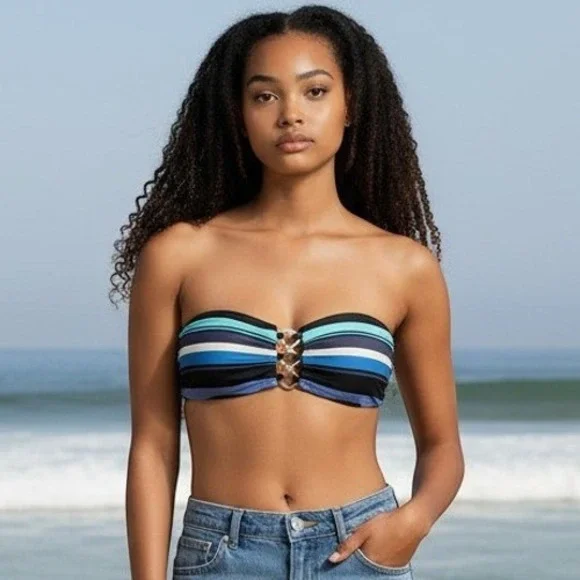 Michael Kors Striped Bandeau Bikini Top‎ Removable Halter Strap Blue Teal NWT M