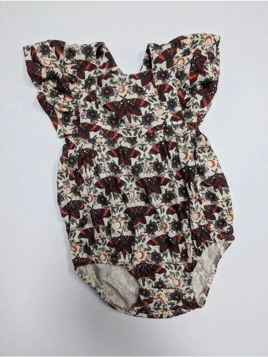 Kate Quinn Bamboo Dark Butterfly Night Ruffle Strap Bubble 12-18 Baby Romper