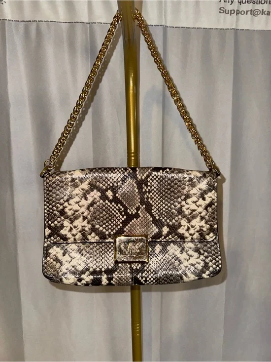 Michael Kors Sonia Snake-Print Shoulder Bag in Brown and Cream with Gold Chain