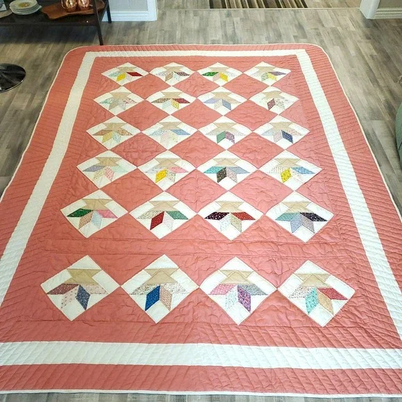 Antique Grandmothers Diamond Patch Pink Quilt All Handstitched 101