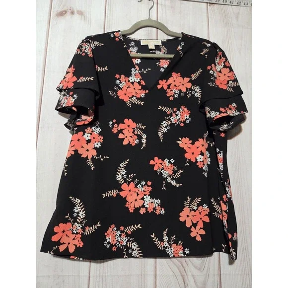 Michael Kors Womens Black Coral Floral V-Neck Flutter Sleeve Blouse Top Medium‎