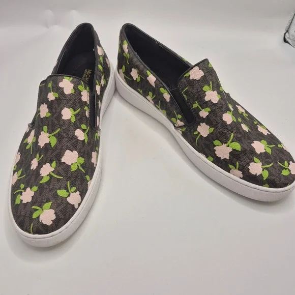 Michael Kors Keaton Slip On Sneakers Floral MK Monogram Brown Pink 9.5M FT20L