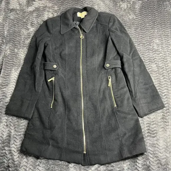 Michael Michael Kors Black Collar Zip Wool Blend Coat Womens Size Small