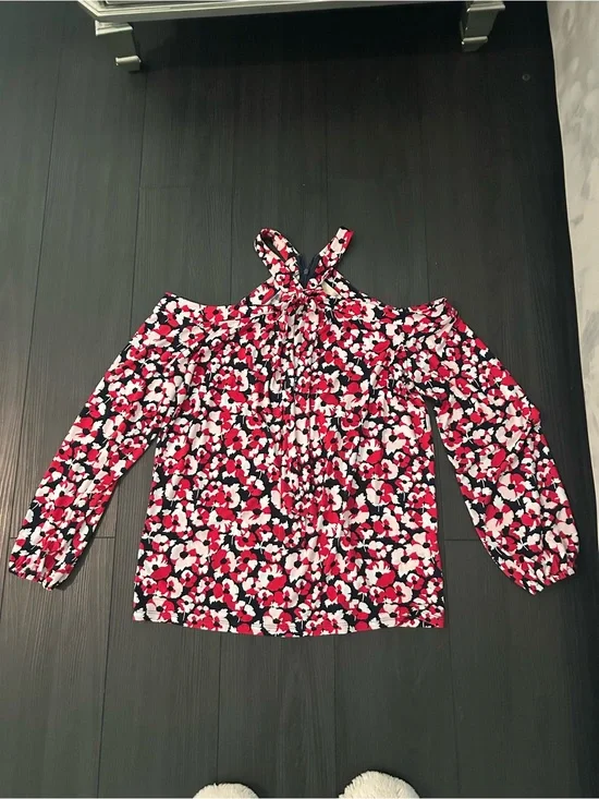 Michael Kors Red, White & Black Cold-Shoulder Floral Blouse