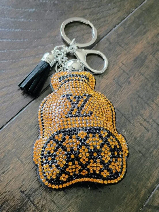 New Embellished Orange and Black Crystal Keychain Charm