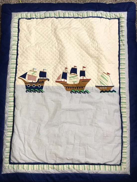 Laura Ashley Baby Quilt in Blue, White and Navy with Ship Appliqués