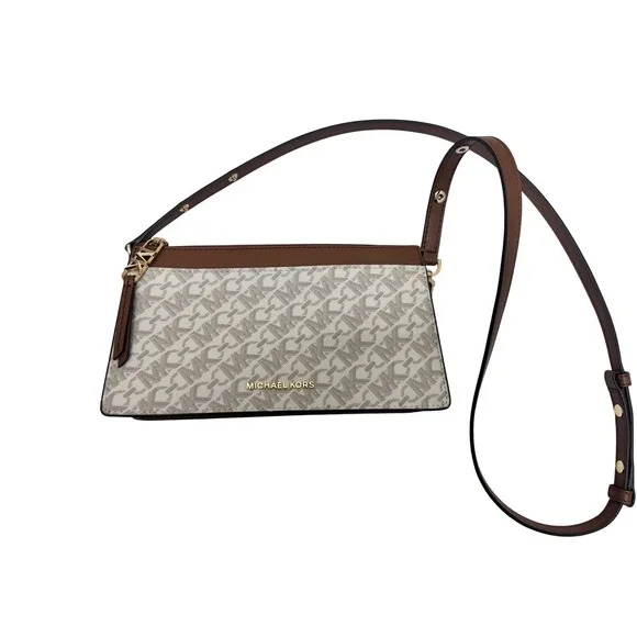 Michael Kors Crossbody Bag Women Small Brown Excellent Logo Print Gold Hardware