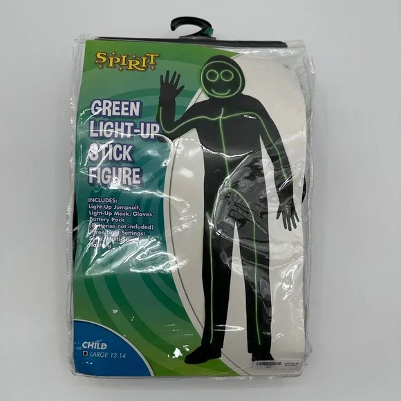 Spirit Halloween Green Light-Up Stick Figure Costume Kids Large 12-14 Jumpsuit