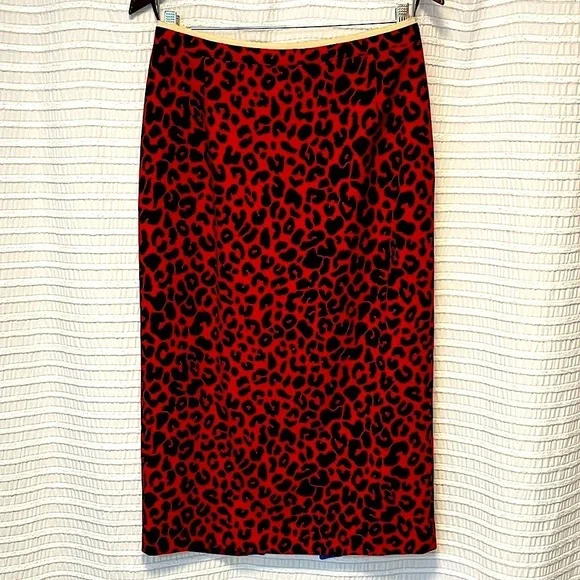 No. 21 Red Black Animal Print Pencil Midi Skirt