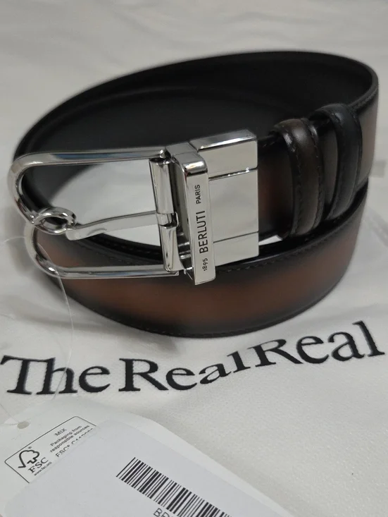 Berluti Reversible Brown & Black Leather Belt Silver Buckle